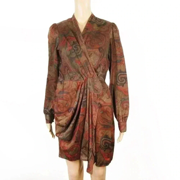 Dresses & Skirts - Vintage 90s Amanda Christine Red Brown Paisley Wrap Long Sleeve Boho Dress